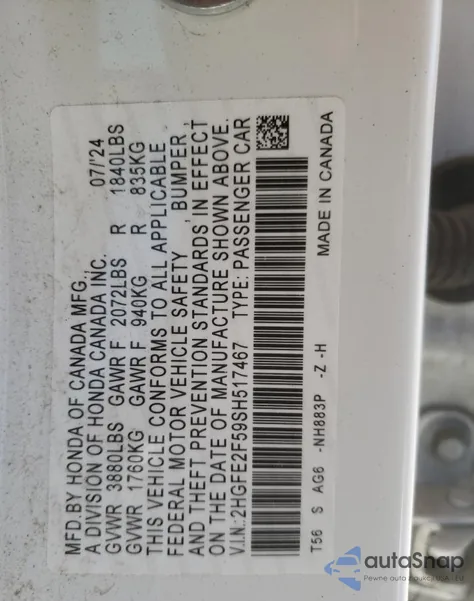 2025 Honda Civic Sport из США, поврежденный, VIN 2HGFE2F59SH517467